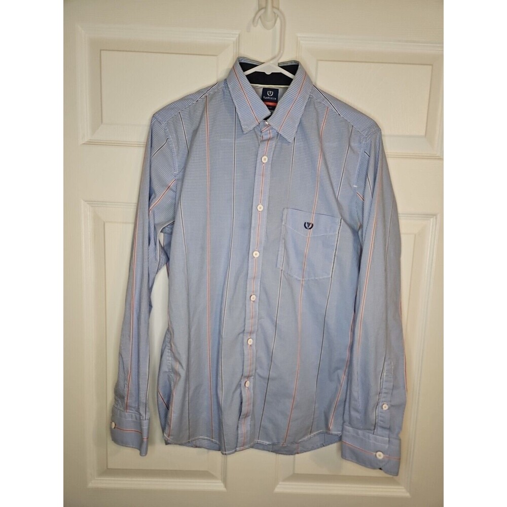 Van Heusen Sport Dress Shirt Mens Size 39 15 Slim Fit Blue Plaid Blue Red Stripe